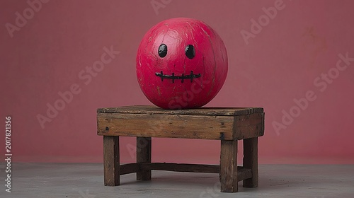 Pink Speckled Sphere with Face on Rustic Wooden Stool