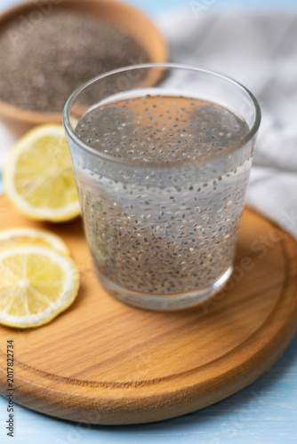 Preparing Chia Gel For Drinks. Suspended Chia Seeds In Water With Gel Formation Captured Visually
