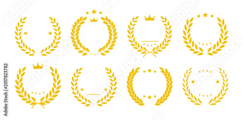 Obraz na płótnie Golden laurel wreath collection with crown and stars for award, luxury branding,