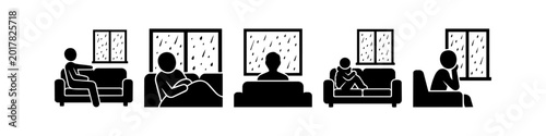 Tableau sur toile Vector icons set of people sitting on a sofa looking at the rain through a window, conveying feelings of boredom, loneliness, and melancholy during a gloomy day at home