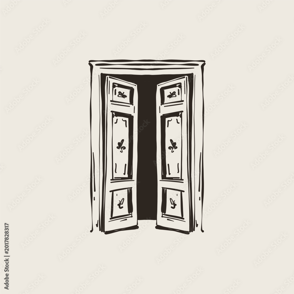 Fototapeta premium Open Double Doors Decorative Panels Vintage Hand Drawn Illustration