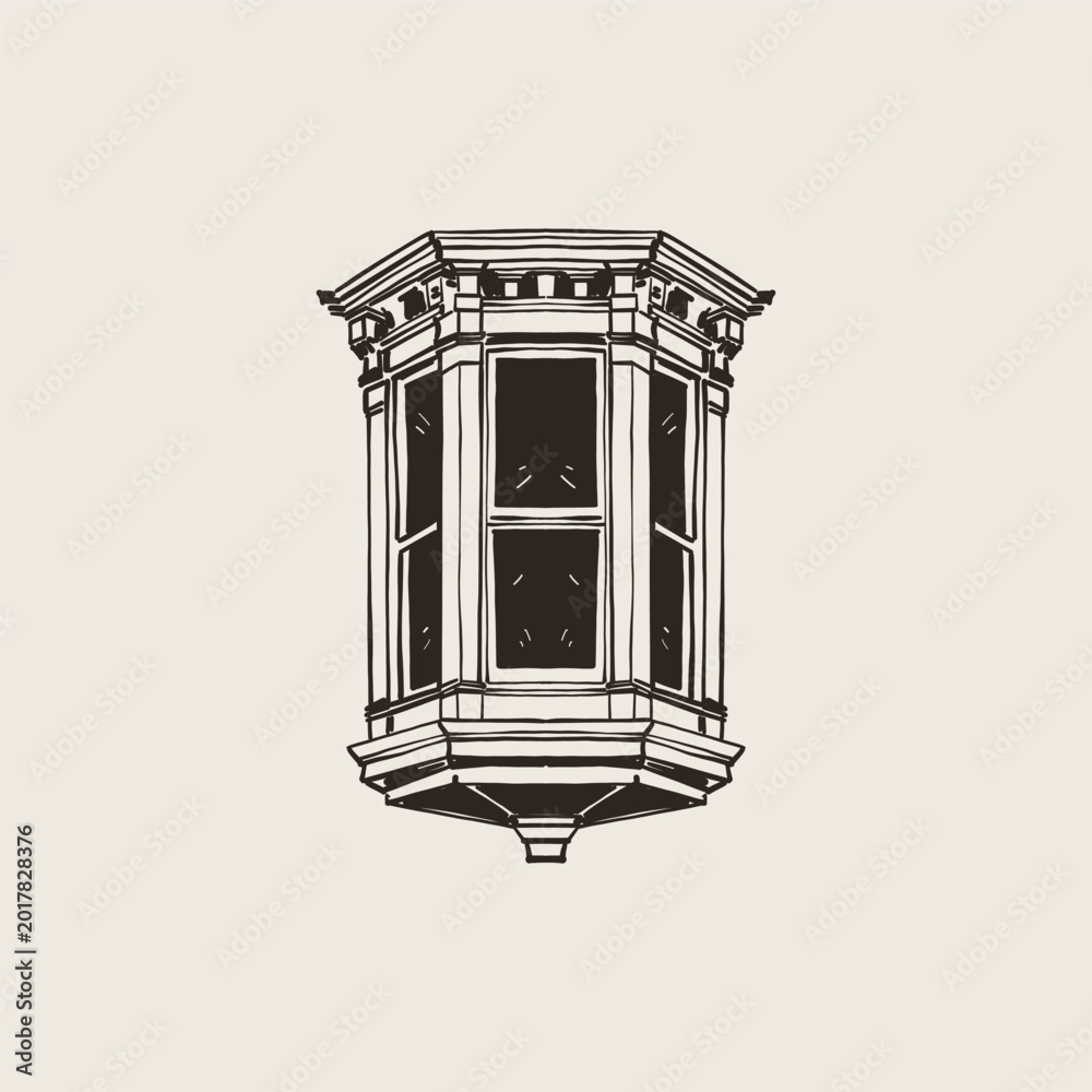 Fototapeta premium Baroque Bay Window Ornate Pediment Hand Drawn Vintage Illustration