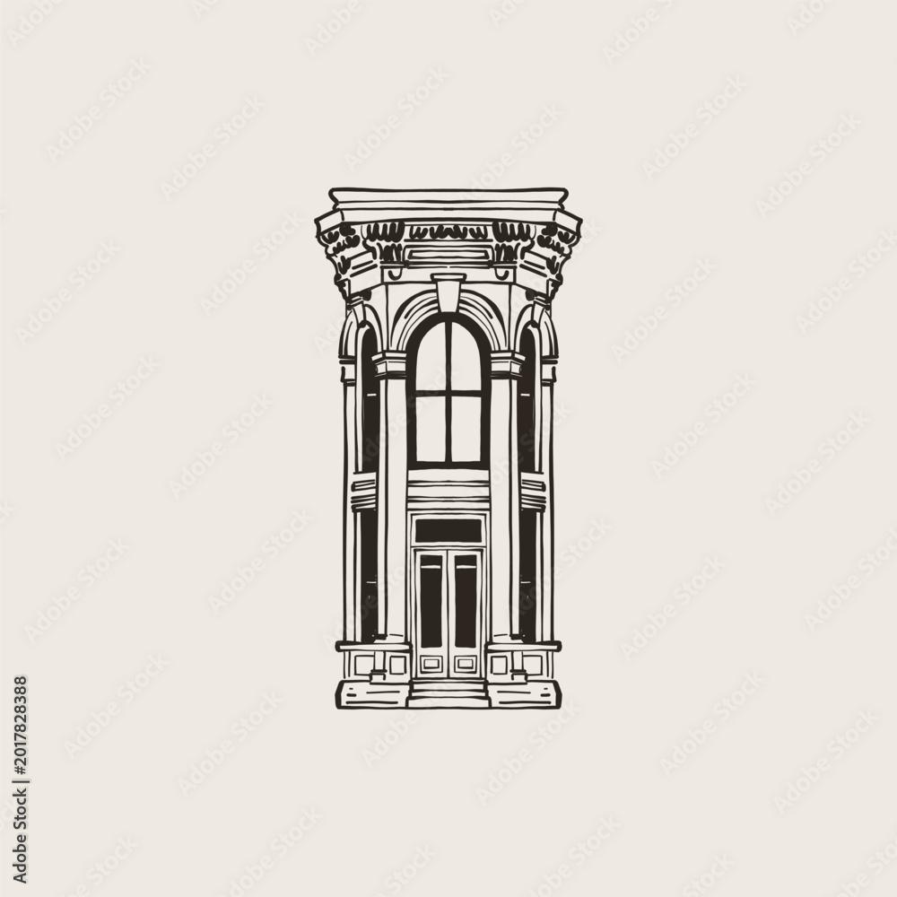 Fototapeta premium Neoclassical Arched Window Columns Decorative Hand Drawn Ink Sketch
