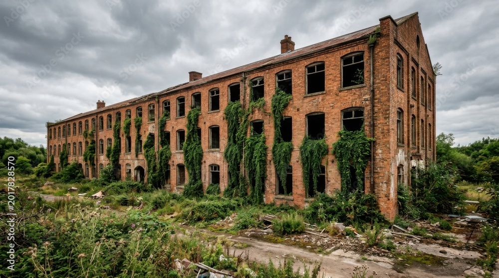 Fototapeta premium Dilapidated Brick Building - Overgrown with Vines, Abandoned Structure, Cloudy Sky, Decay, Neglect.
