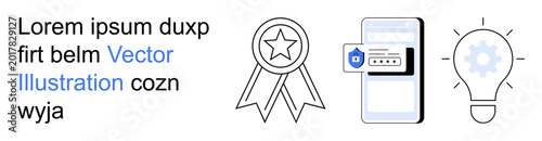 Free Download Digital security, innovation, certification, technological progress, online tools, mobile services. Medal, smartphone with security badge lightbulb with gear icon. Digital security and innovation - GFXLoad