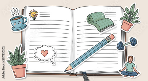 Open notebook with pencil and cozy lifestyle stickers, Generative AI.