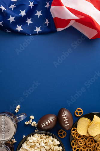 Εκτύπωση καμβά Football championship vertical party with American flag, snacks, beer, popcorn,