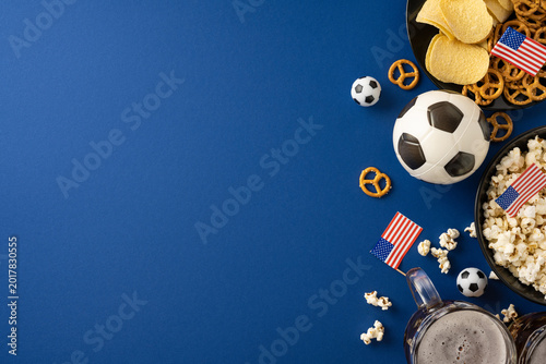 Fotografija Football championship concept with American flags, soccer balls, snacks and beer