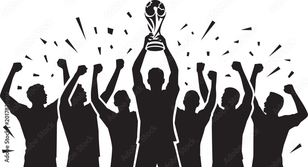Fototapeta premium Team celebrating with trophy raised high in victory arms raised in the air confetti falling around