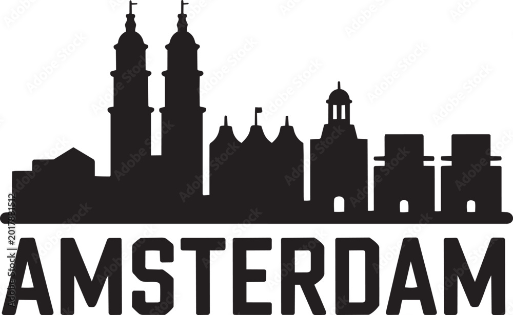 Fototapeta premium Amsterdam skyline silhouette with prominent church towers and city buildings in black on white