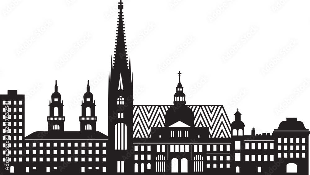 Fototapeta premium Cityscape silhouette buildings with tall spires churches and modern architecture on white background