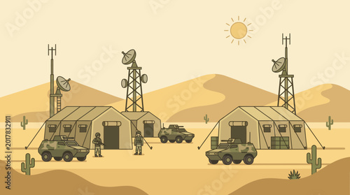 Tableau sur toile Military desert base with tents and vehicles.