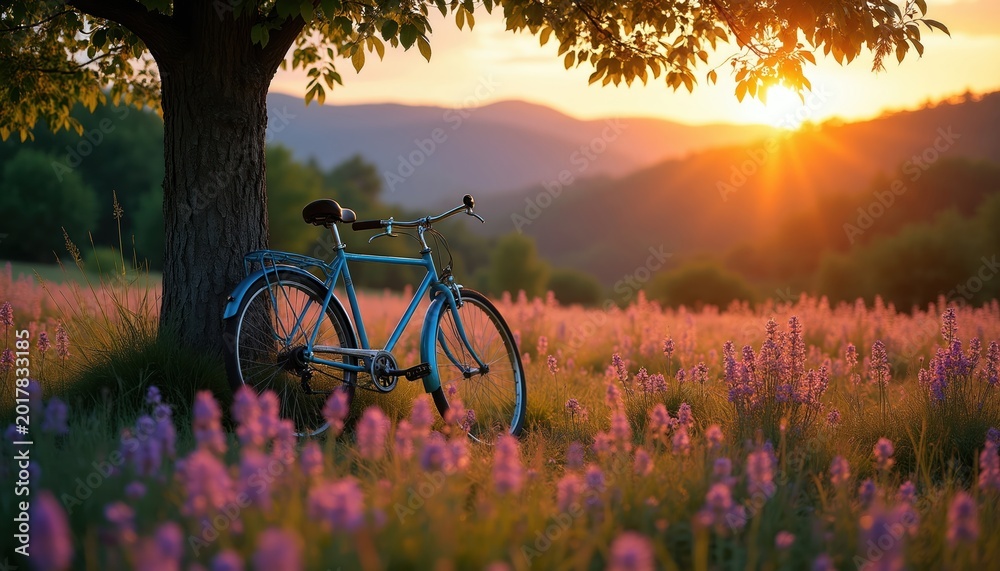 Fototapeta premium Vintage blue bicycle rests near tree in blooming meadow at sunset. Gentle sun rays illuminate rolling hills and purple flowers. Serene nature scene evokes peaceful mood.