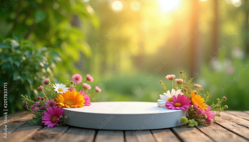 Fototapeta premium White round podium with colorful flowers on wooden planks. Soft golden sunlight shines on lush green nature background. Empty platform for product display or presentation. Product showcase.