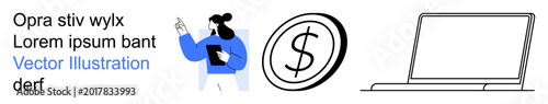 Business, finance, technology, work, online earning, digital solutions. Person holding a tablet, coin symbol and laptop outline. Business and finance concept for online earning and work