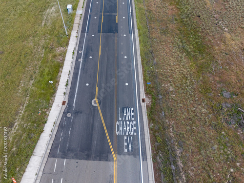 Aerial view of an EV charging road lane in Salt Lake City, Utah, USA.