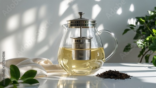Elegant glass teapot with metal infuser, green leaves and loose tea on white table in sunlight