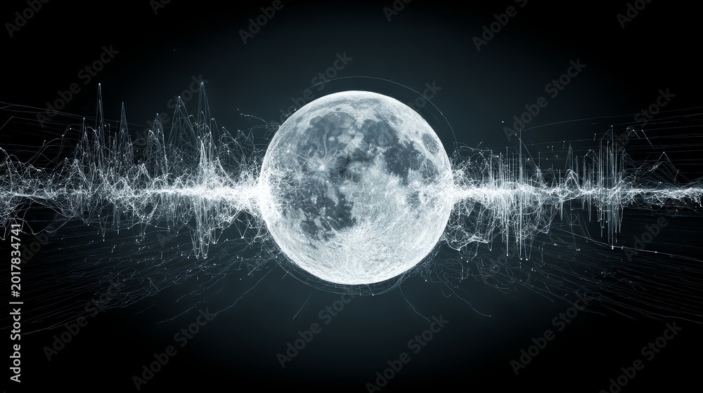Obraz premium Lunar Energy: Full Moon Entwined with Digital Sound Waves — Cosmic and Technological Fusion
