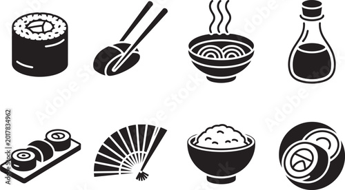 Japanese food icons set in outline and solid styles with japanese cuisine food chopsticks asian meal