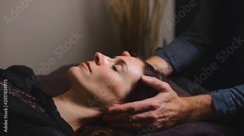 Professional craniosacral therapy session in a spa. Close-up of hands performing holistic healing massage on a relaxed woman. Peaceful wellness treatment for stress relief.
