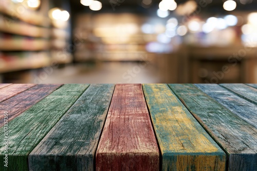 Colorful wooden planks in foreground with blurred indoor shelves in background