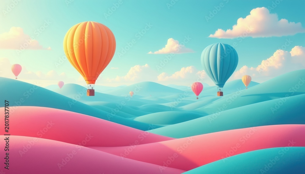 Fototapeta premium Hot air balloons float over stylized pastel hills and clouds. Orange and blue balloons ascend a dreamlike sky. Peaceful travel and exploration concept.