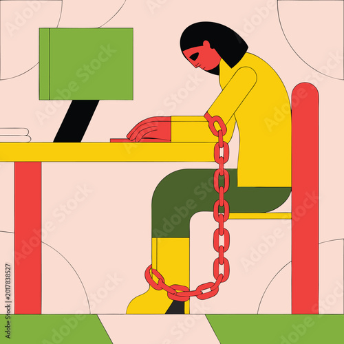 Картината върху платно Workload: Illustration depicting the feeling of being chained to work desk