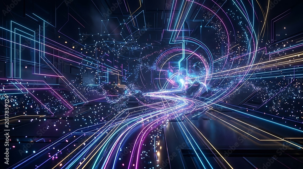 Obraz premium Abstract Digital Network Tunnel with Glowing Neon Lines and Data Flow.
