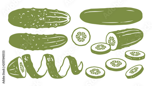 Fresh Cucumber and Pickles Vector Illustration Set in Textured Block Print Style.
Hand Drawn Cucumber Slices and Peels for Salad, Skin Care, and Food Product Packaging.