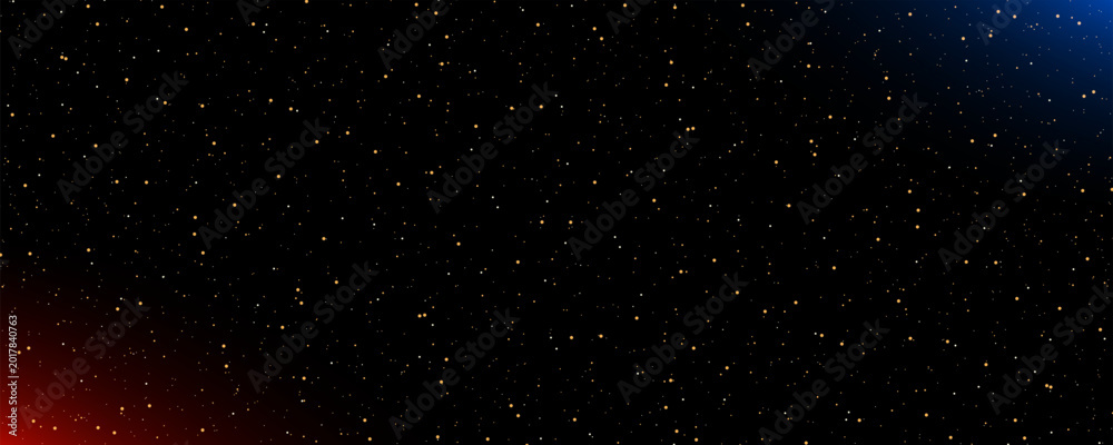 Fototapeta premium Detailed realistic night starry sky with red and blue corner ambient light. Sci-fi ultra wide background. Universe concept. Vector illustration