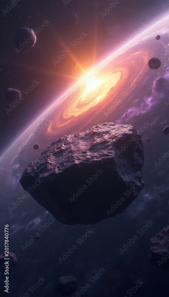 Obraz premium Rocky asteroid floats in deep space near glowing planet and bright star. Cosmic scene with distant nebulae and other celestial bodies. Futuristic backdrop for products and themes.
