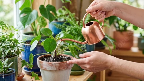 Womans hands watering young houseplant with copper watering can. Indoor gardening and plant care concept. Nurturing greenery at home for fresh living space