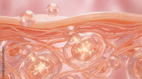 Collagen fiber with glowing molecule bubble in skin tissue closeup view