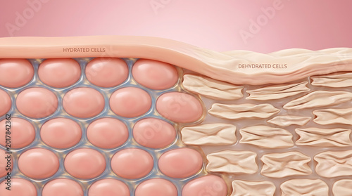3D medical illustration comparing hydrated and dehydrated skin cell structure side by side