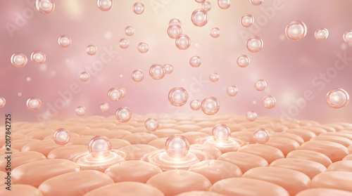 Skin surface with floating collagen bubble and serum droplet in pink background