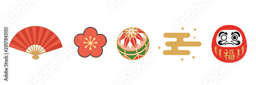 Bild auf Leinwand Traditional Japanese New Year lucky charm icons set with daruma and fan