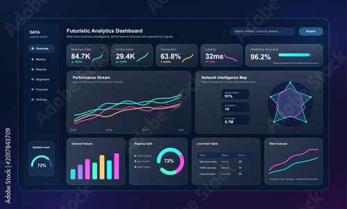 Fotografía Futuristic analytics dashboard with business intelligence charts, performance metrics and data visualization