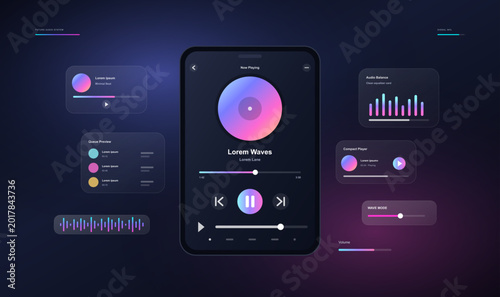 Tableau sur toile Dark Music Player App UI With Audio Control Widgets