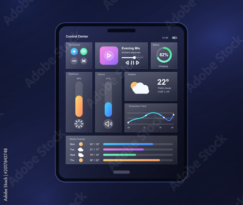 Tablet Control Center UI With Weather and Music Widgets. Dark tablet control center interface mockup with connectivity buttons, music player, battery status, brightness. Vector App with UI, UX, Kit