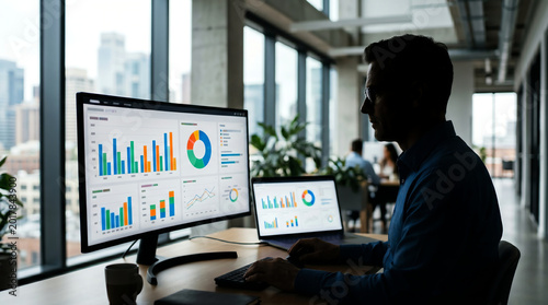 Focused middle aged man in blue shirt and glasses analysing BI dashboard with bar and pie charts on wide monitor