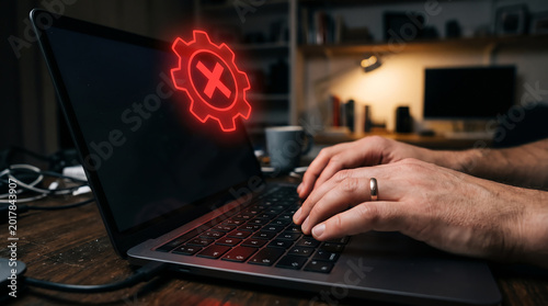 Bild auf Leinwand Adult hands on laptop keyboard in dim home office with glowing red gear with x m