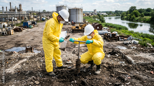 Canvas Print Two field environmental scientists in yellow hazmat suits and white hard hats ta