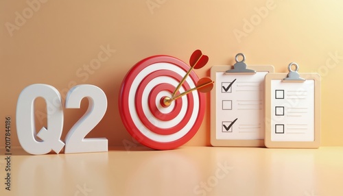 Q2 goals achievement concept with target board and checklists. Three darts hit bullseye signifying success and progress. Planning for business objectives and quarterly targets.