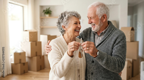 Fotografie Smiling senior couple in soft cardigans holding single house key on keyring in b