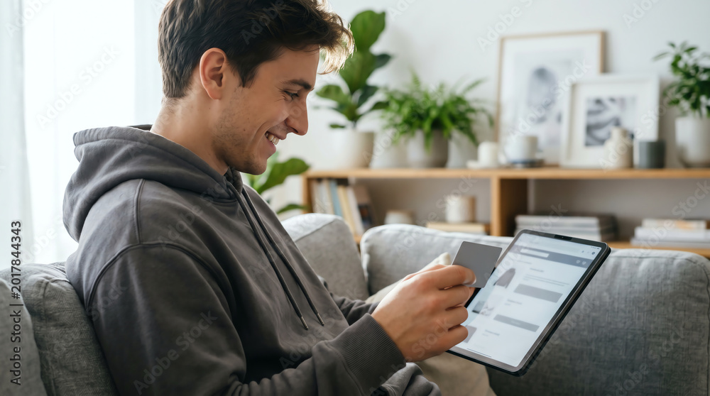Fototapeta premium Smiling young man in hooded sweatshirt holding credit card while shopping online on tablet on soft grey couch in bright living room