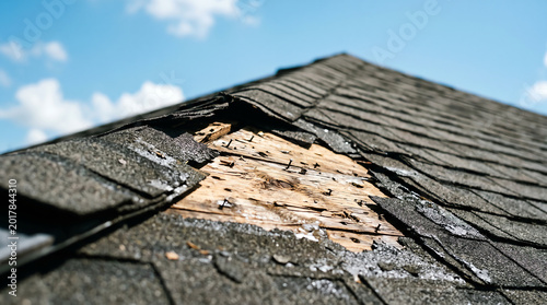Section of dark asphalt shingles on residential roof torn away revealing exposed plywood sheathing after storm close-up