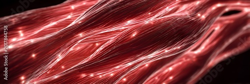 Human Muscle Fiber Analysis  Visualization showing glowing red anatomical muscle tissues and fibers with light points for biological study of contraction and tension in the muscular system