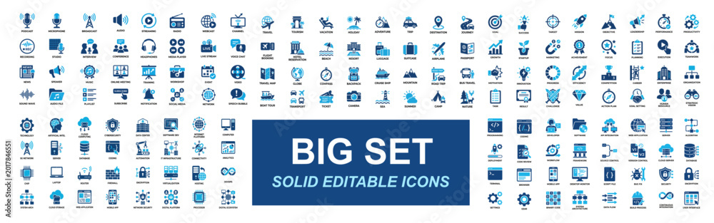 © JIm Studio - Mega icon set of business strategy, podcast media, travel tourism, AI technology, programming development, startup growth, cloud computing and digital communication. Solid icons vector illustration