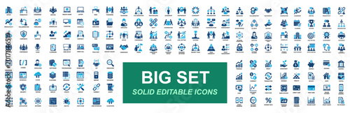 Foto Mega icon set of teamwork, office workspace, web development, finance, productivity, collaboration, coding, banking and business management
