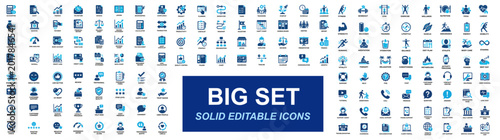Mega icon set of fitness wellness, accounting finance, customer support, project management, customer satisfaction, workflow, audit, survey, business strategy solid icons vector illustration.